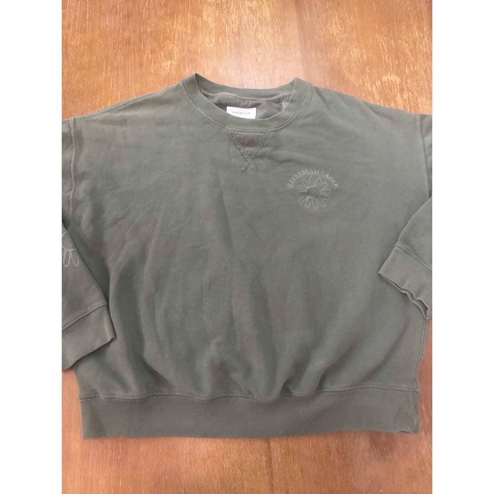 American Eagle Oversized Daisy Embroidered Sweatshirt Olive Green Small